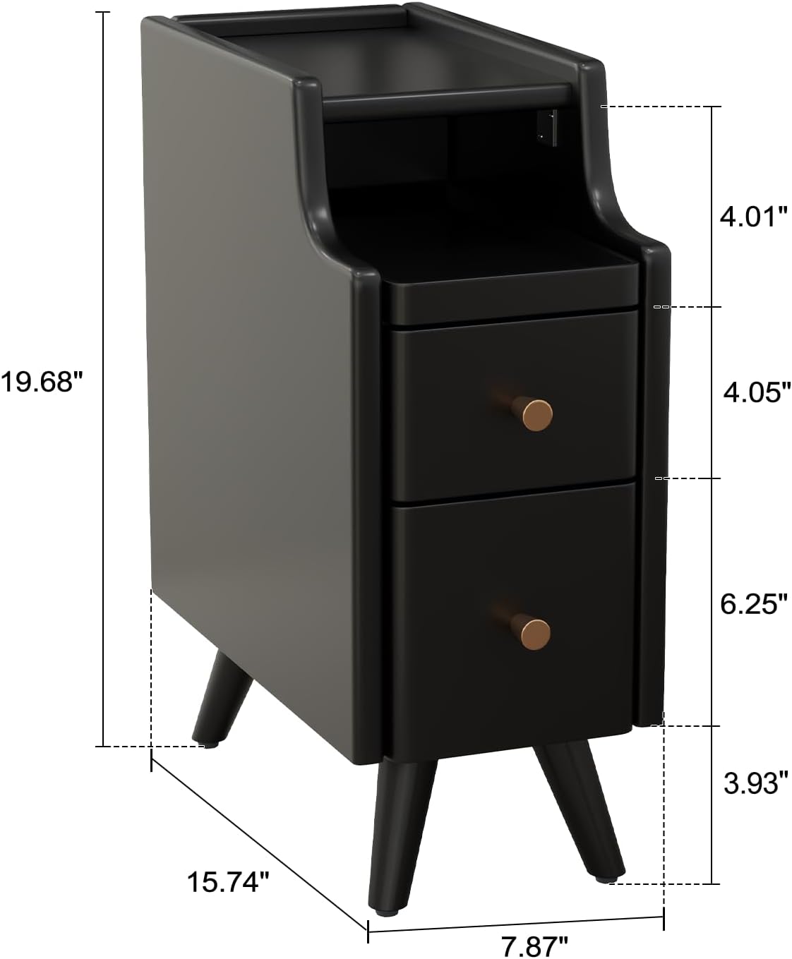 Small Nightstand with Drawers, Solid Wood Bedside Table, Narrow Walnut Nightstand for Bedroom