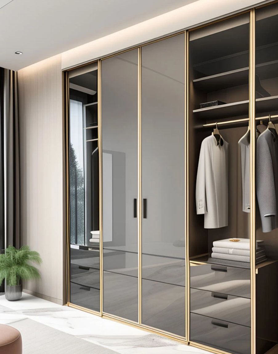 Doria High-end Durable Modern Modular Wood Grain Bedroom Furniture Stainless Steel Wardrobe Solid Wood Doors Large Capacity