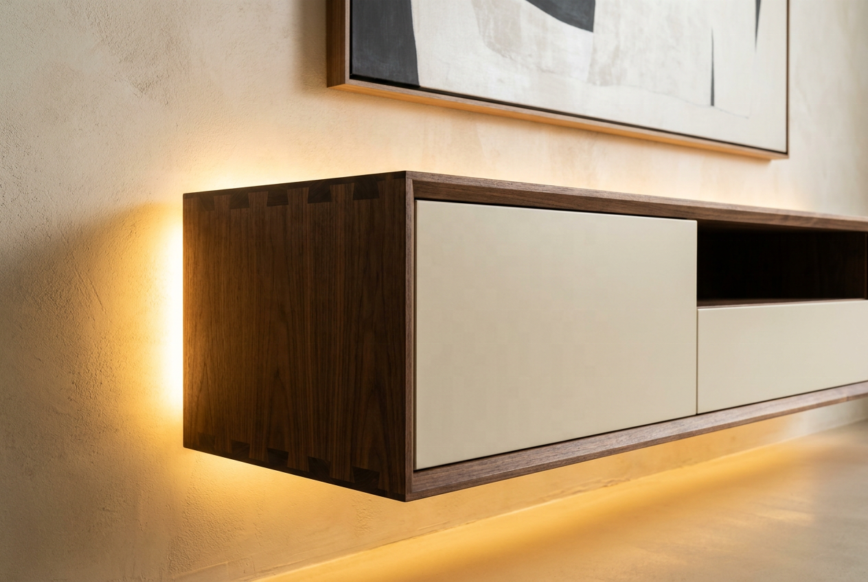 Luxury Floating TV Stand - Walnut Wood Finish With Integrated LED &amp; Modular Minimalist Style
