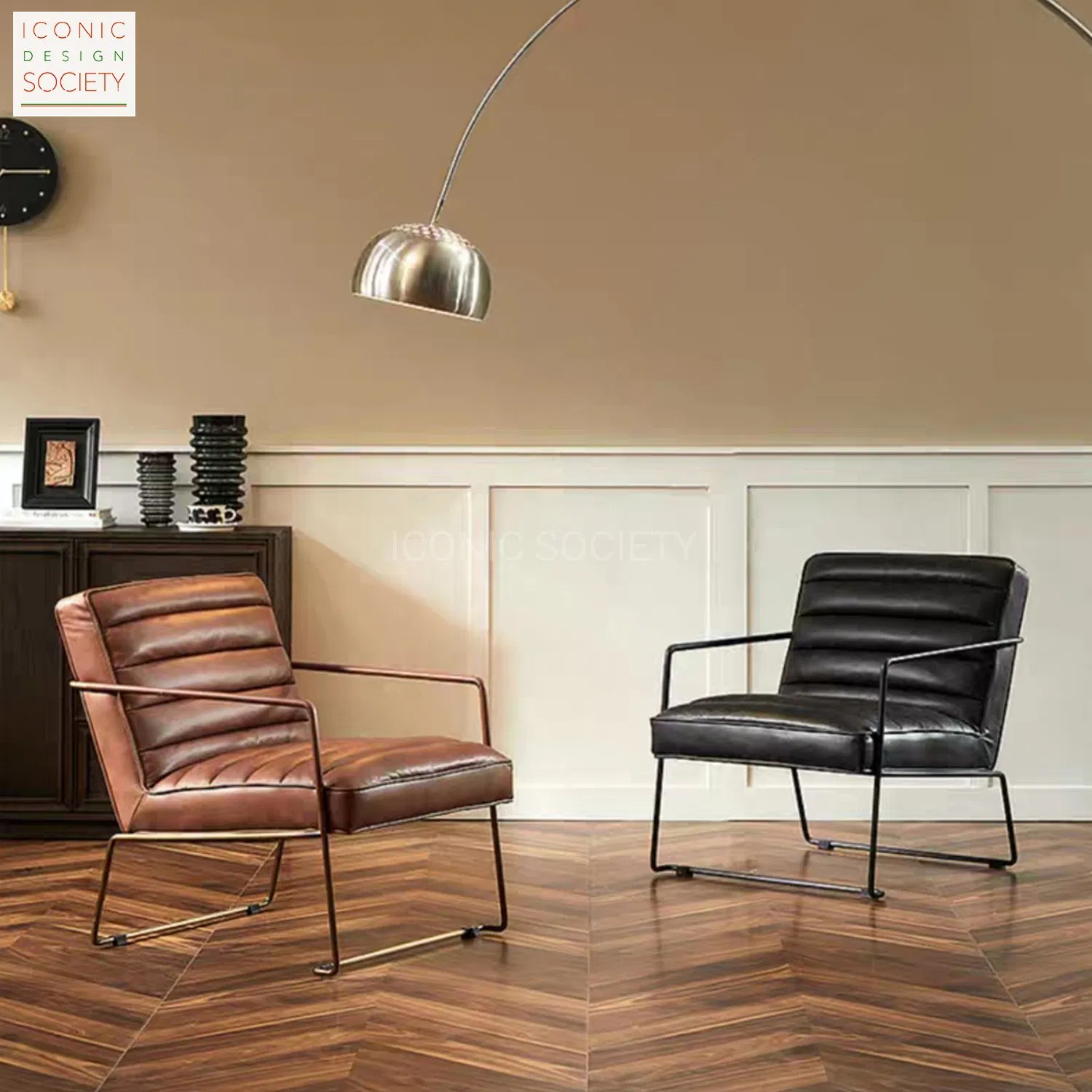 Industrial Modern Genuine Leather Foshan Custom Wholesale Living Room Restaurant Hotel Home Furniture Metal Steel Pipe Leather Dining Accent Chair