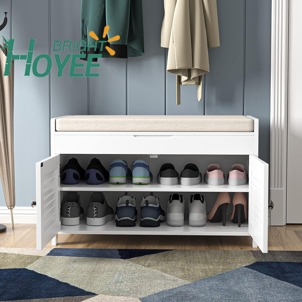 New Style Entryway Bench with Door Cabinet, Adjustable Shelve