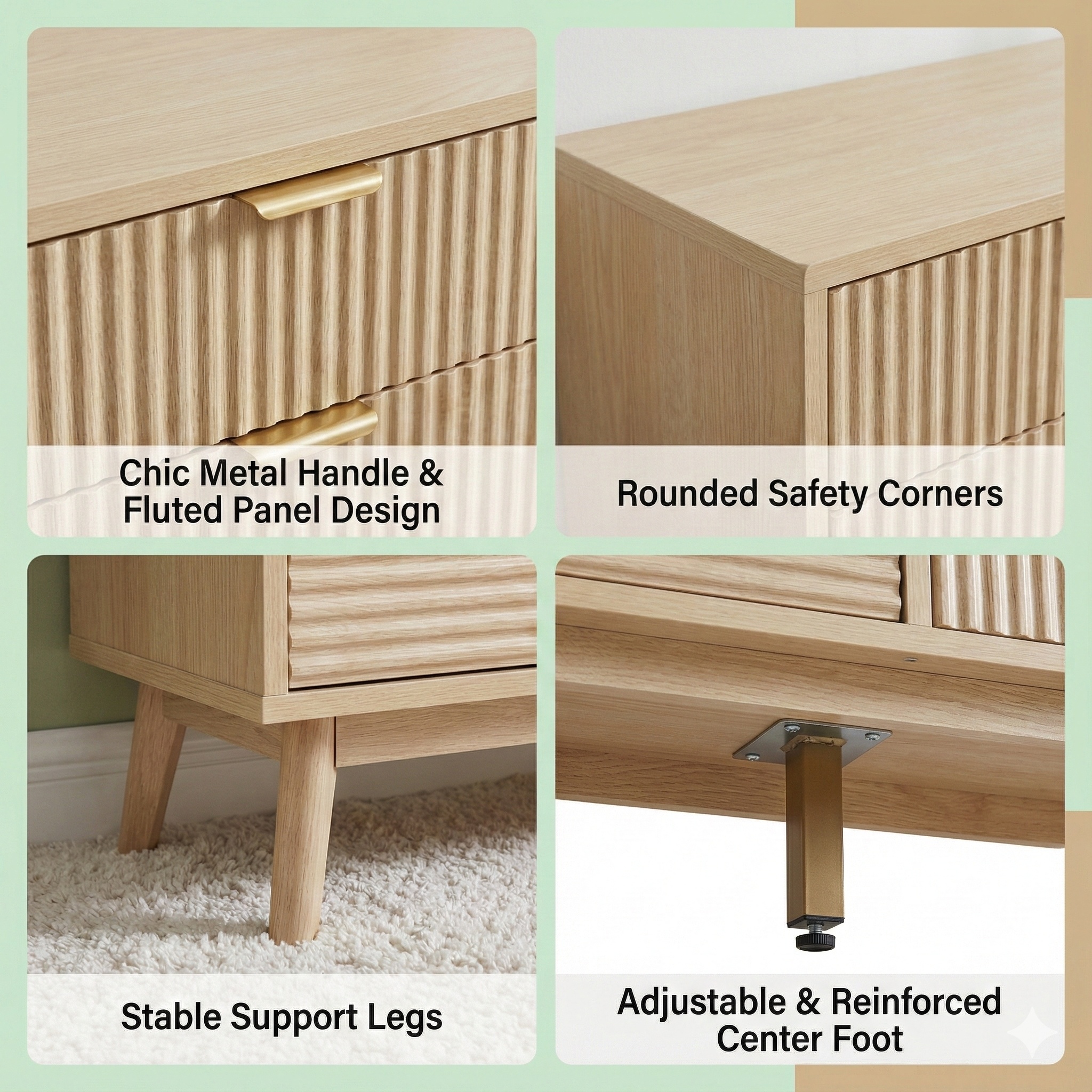Contemporary Multi Function Fluted Wooden 4 Drawers 4 Doors Chest of Dresser with Metal Handles 5 Wood Legs for Bedroom