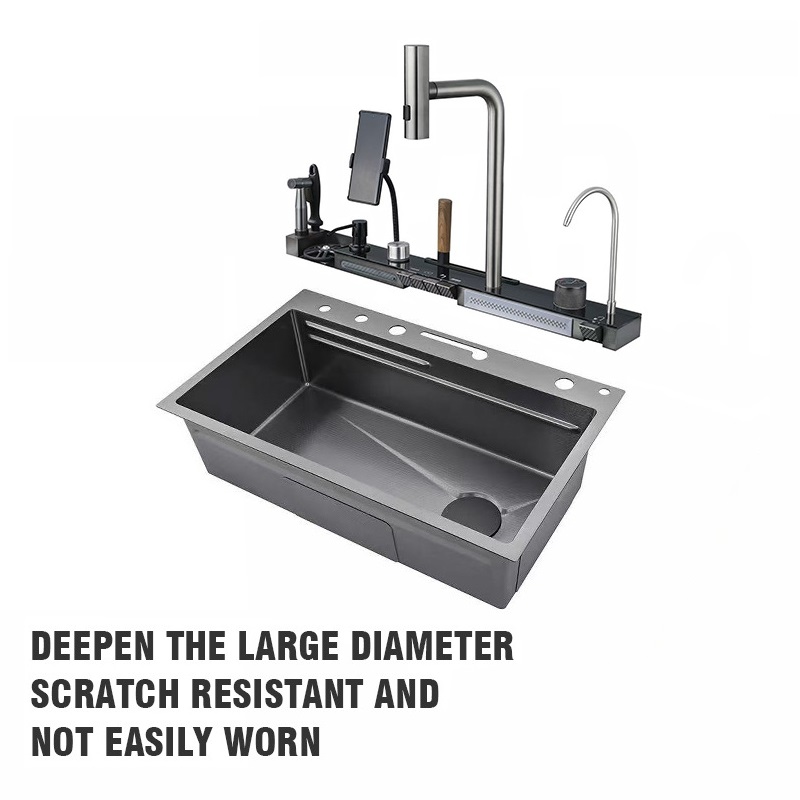 Smart Modern Single Kitchen Sink Nano Stainless Steel Multifunctional Rain Fly Waterfall Black Smart Sink With Phone Holder