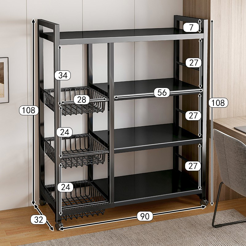 Household Floor Standing 4-Layer 3 Basket Dining Sideboard Cabinet Storage Rack Door to Door Durable Black Metal Storage Rack