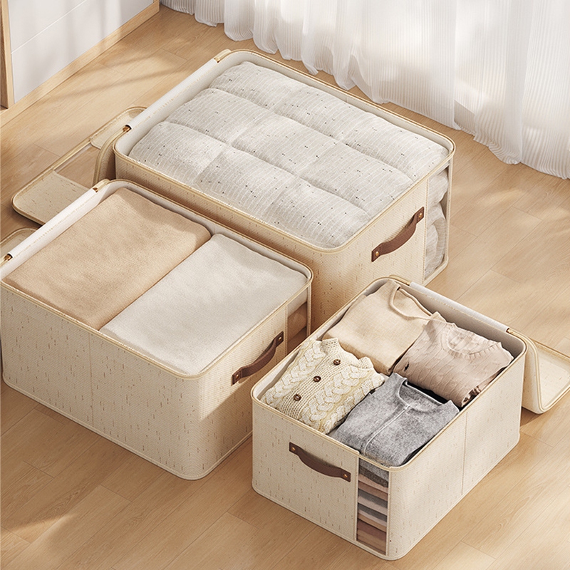 Tianshan Cotton Linen Double Window Zipper Foldable Multi-Purpose 40L-50L Storage Box for Clothes &amp; Toys Household Bedroom Use
