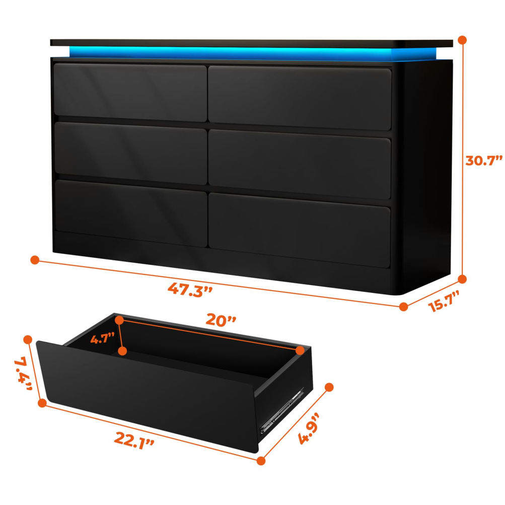 Curved Contour Design 6-Drawer Black Nightstand, 47.2" Long Drawers, with Charging Station and LED Lights