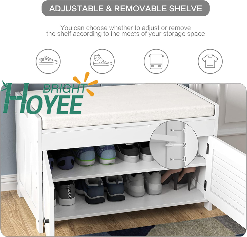 New Style Entryway Bench with Door Cabinet, Adjustable Shelve