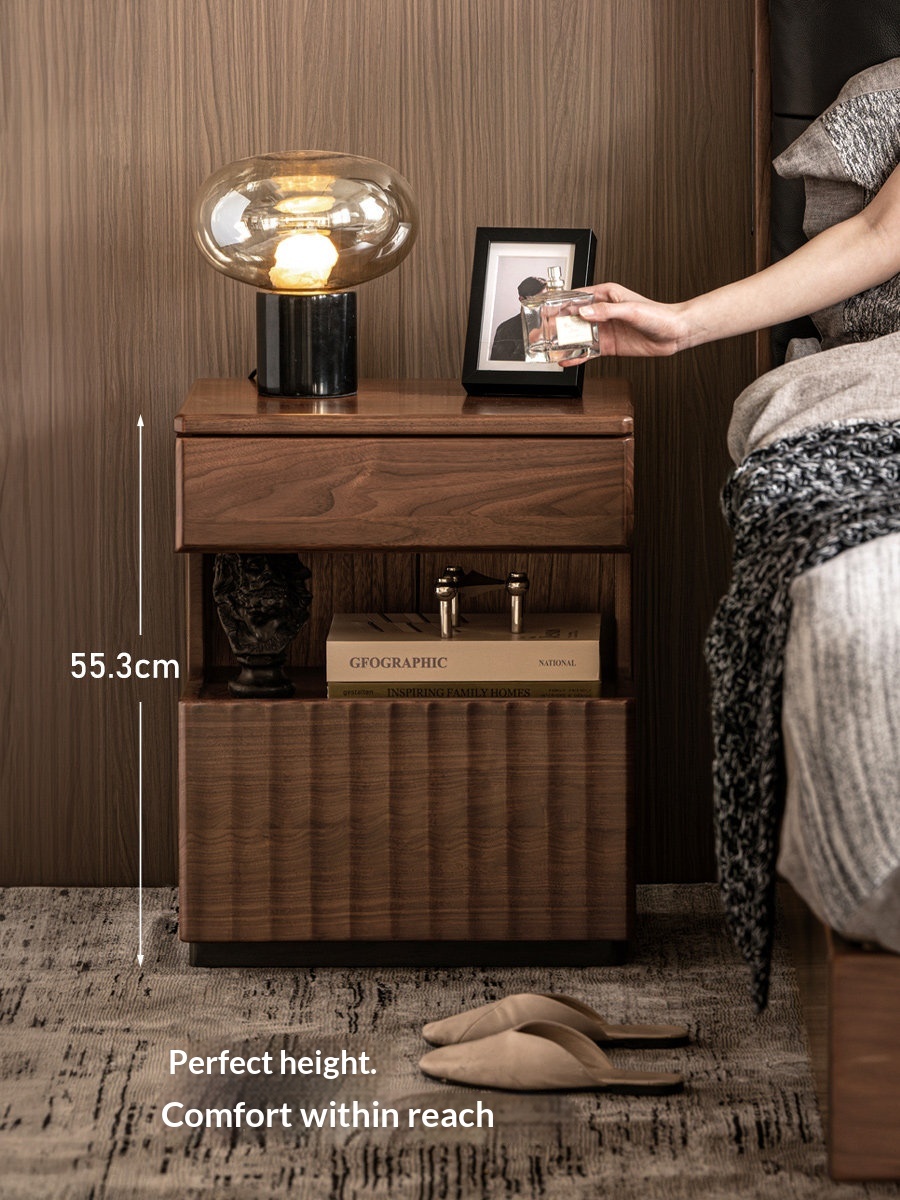 Light Luxury Black Walnut Smart Nightstand with Two Drawers for Bedroom Storage