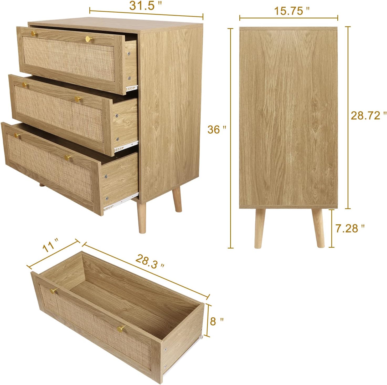 3 Drawer Dresser for Bedroom, Rattan Dresser Modern Wood Chest of Drawers with Spacious Storage for Bedroom Hallway Living Room