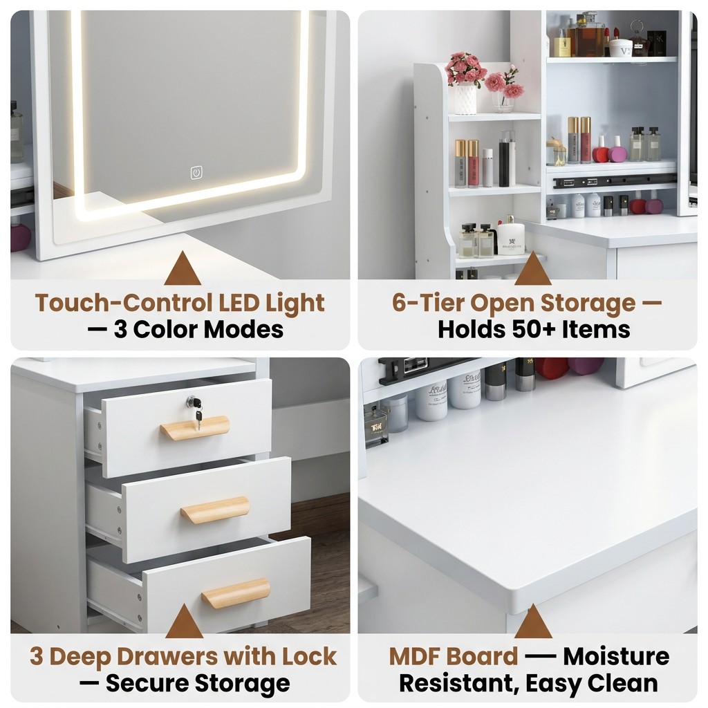 Wholesale Modern Design Electric LED Lighted Mirror Makeup Storage Cabinet Integrated Dressing Table For Small Spaces Bedroom