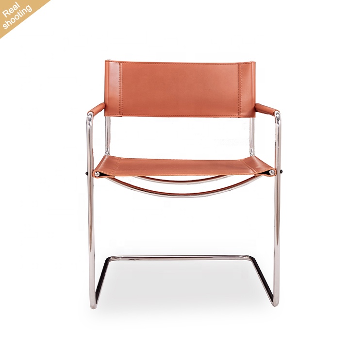 Bauhaus Modern Brown Saddle Leather Stainless Steel Metal Frame Dining Room Chair Restaurant Chair