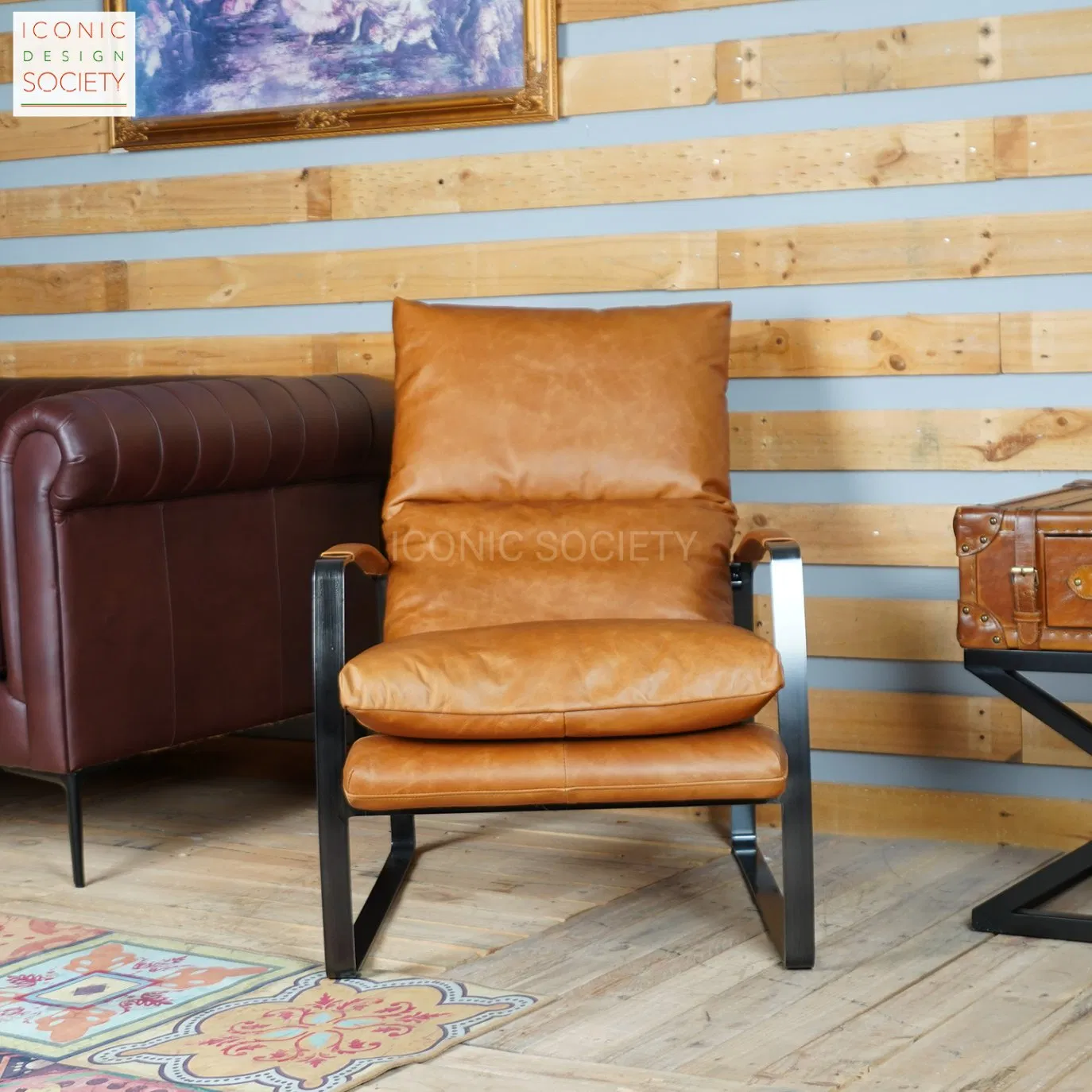 Modern Industrial Home Living Room Living Room Club Leisure Hotel Furniture Metal Steel Genuine Leather Lounge Accent Arm Chair