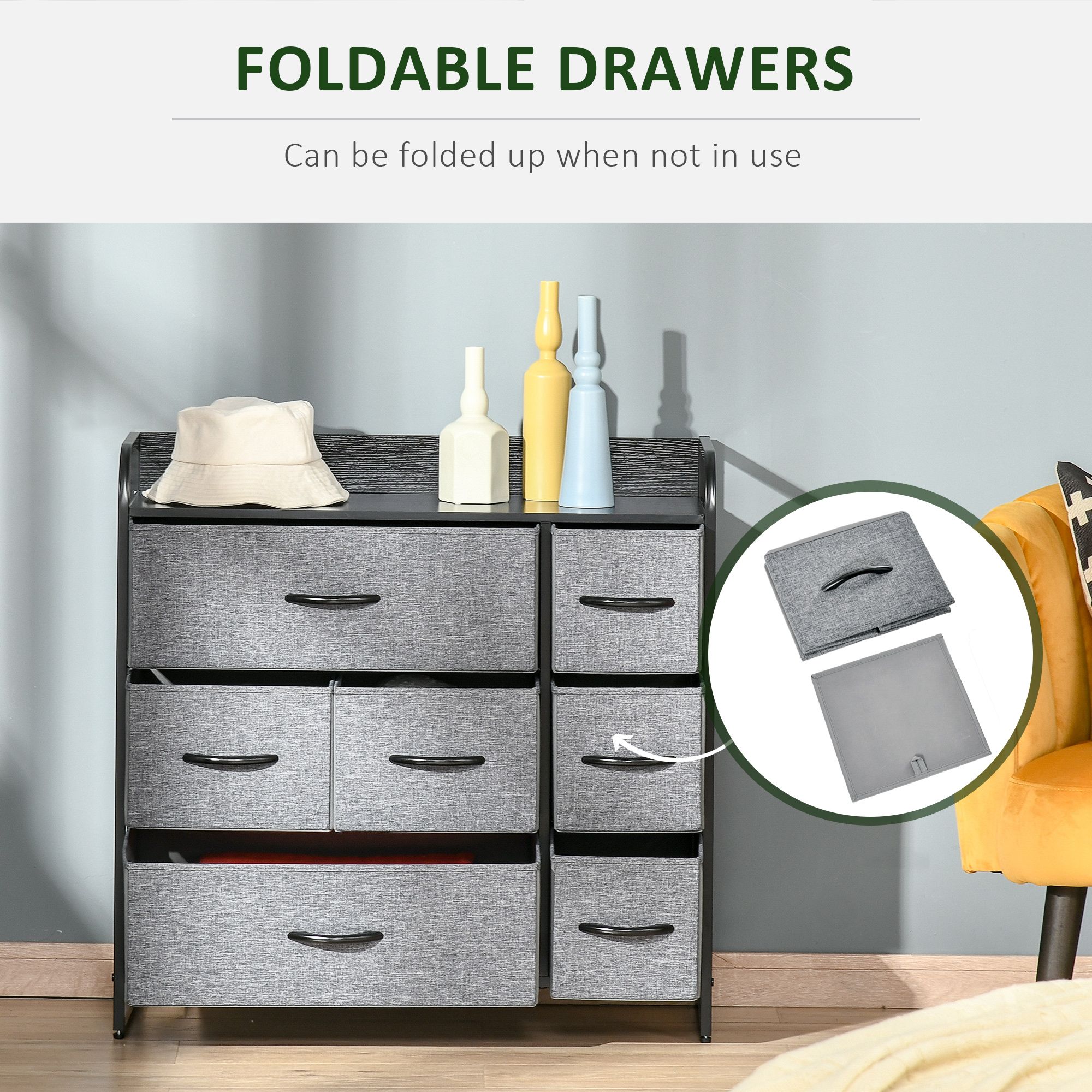7-Drawer Gray Dresser with Steel Frame &amp; Wooden Top Fabric Chest for Bedroom or Hallway Storage