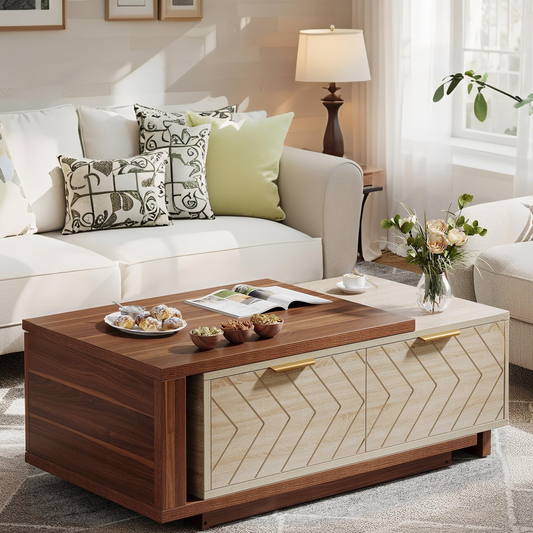 AJUNION Multifunctional Hidden Storage Wooden Rectangular Coffee Table Expandable Living Room Center Coffee Table for Home