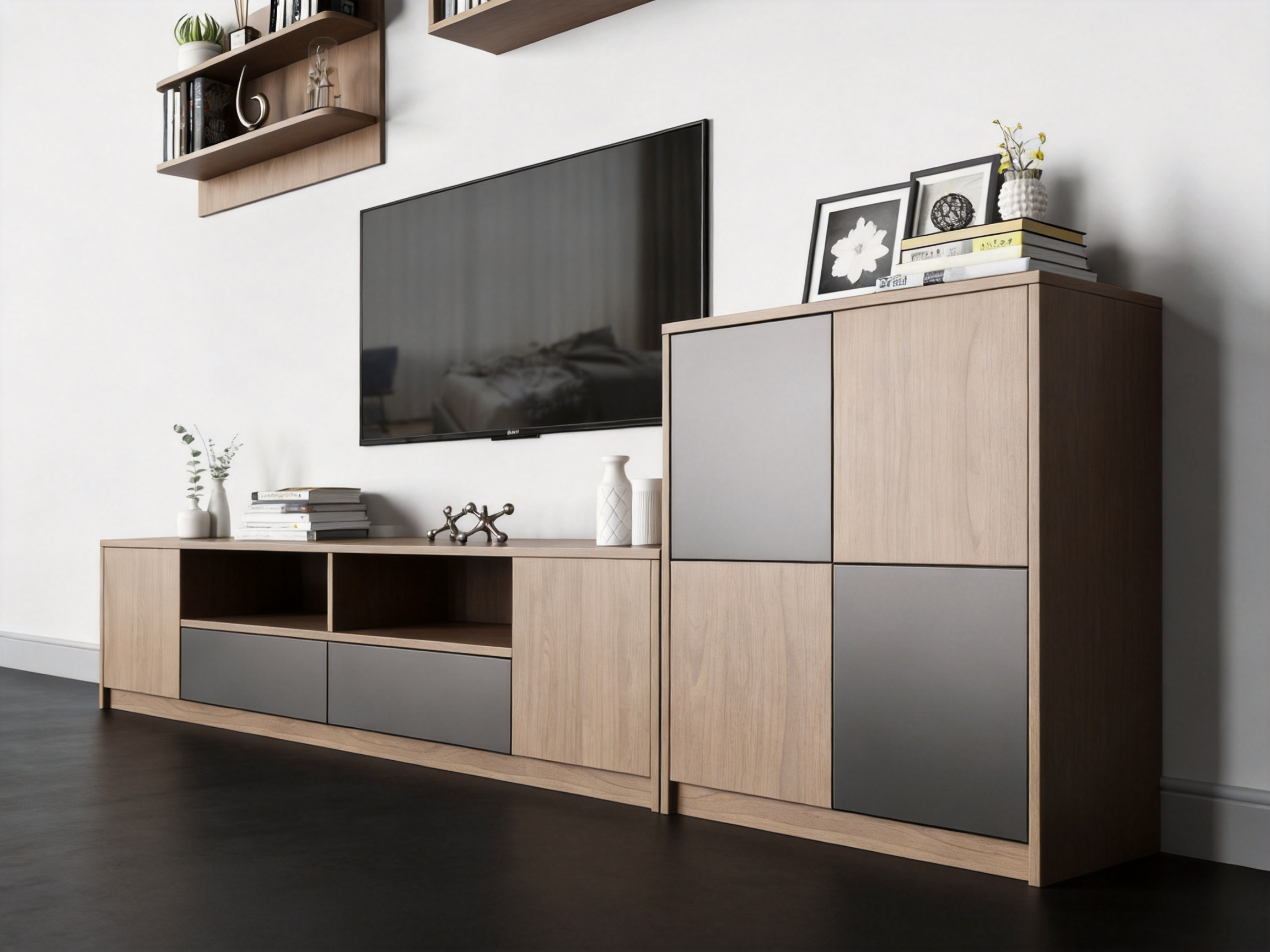 Modern Wood &amp; Black TV Stand with Floating Wall Shelves, Living Room Media Console &amp; Bookcase Set