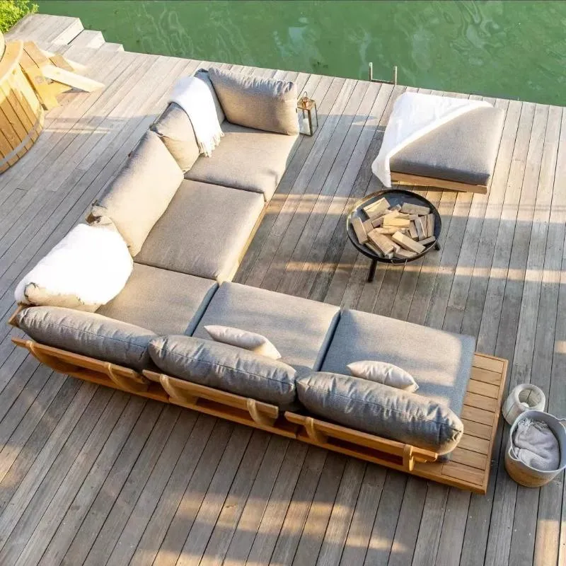 Modern Waterproof Teak Wood Outdoor Furniture Living Room Balcony Garden Patio Hotel Sectional Sofa with Cushions