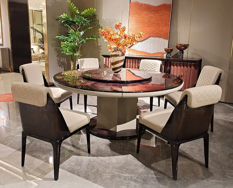 Dining Room Modern Furniture Round Wooden Lacquer Dining Table Set with Rotating Turntable