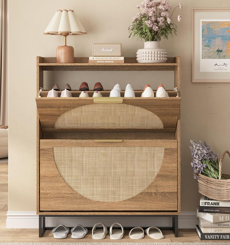 Natural Cane Wood Shoe Storage Cabinet Modern Entryway Flip Drawer Organizer Metal Base Hotel Use Eco-Friendly Space-Saving