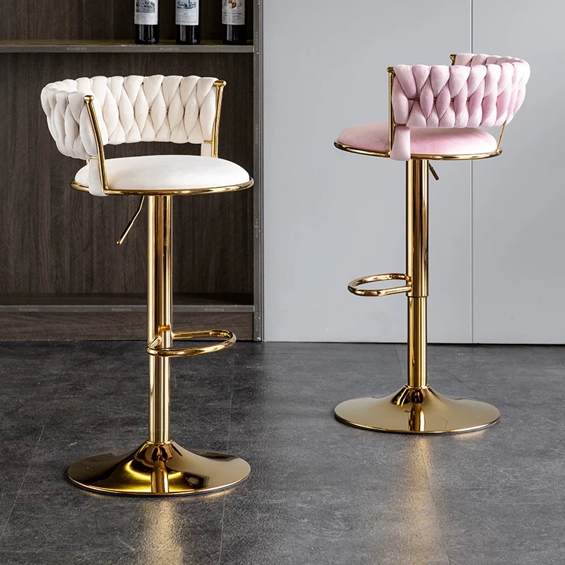 Modern Luxury Kitchen Island Counter Furniture Metal Velvet Swivel High Gold Metal Bar Stools