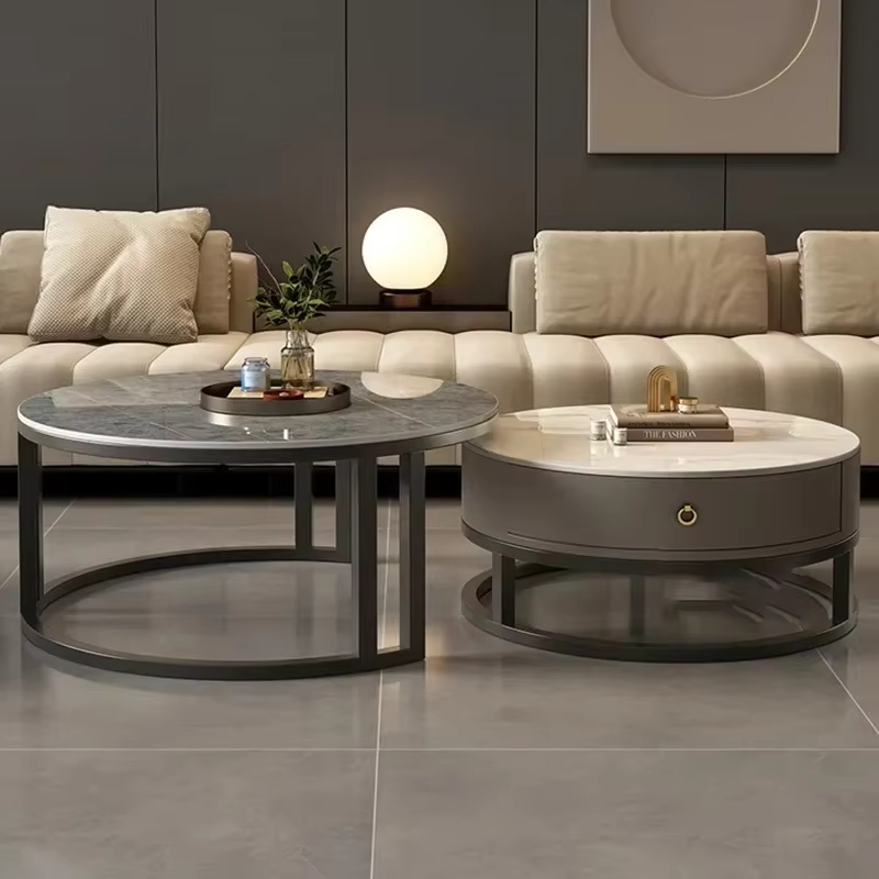 High-end Modern Round Stone Top Stainless Steel Coffee Table with Storage and Extendable Feature for Living Room Furniture