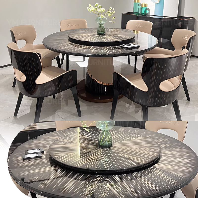 Dining Room Modern Furniture Round Wooden Lacquer Dining Table Set with Rotating Turntable