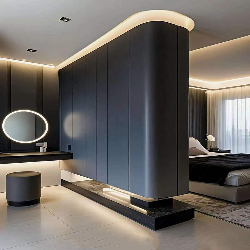 Luxury Lacquer Door Wardrobe Curved Design Matte Painted MDF Bedroom Closet Wardrobe with Rounded Corner