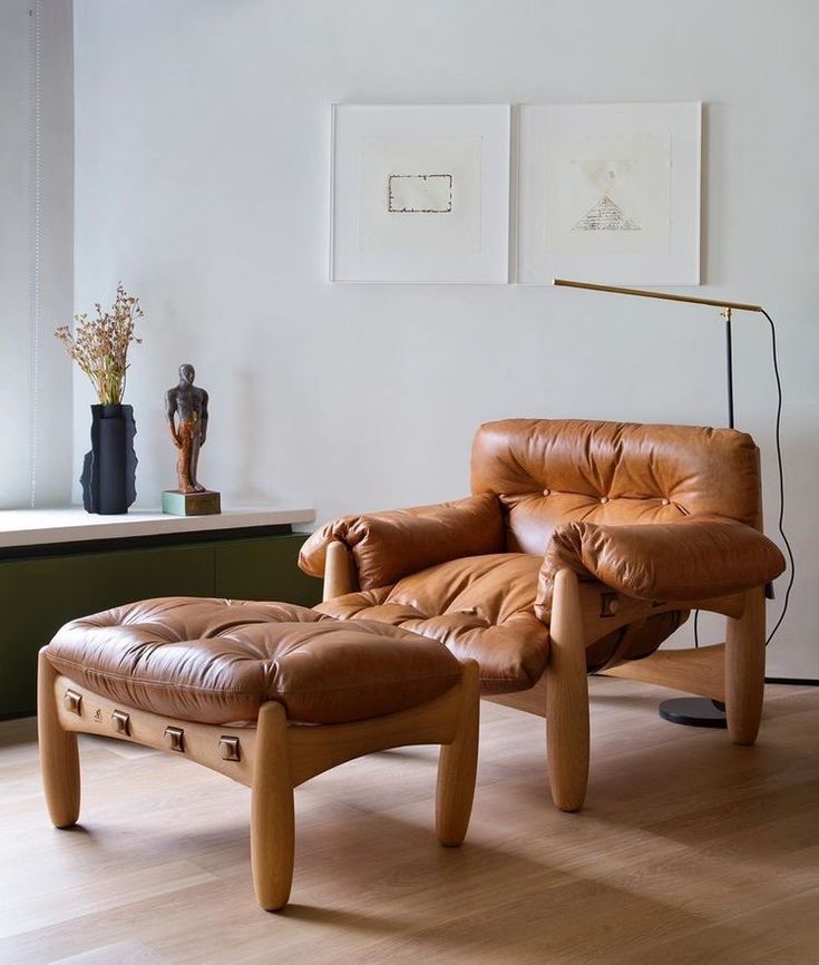 Lounge Chair Brown Chair Leather Reclining Single Sofa Chair Living Room Wooden Armchair