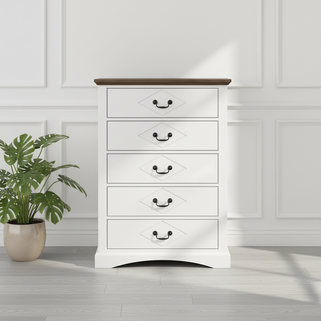 Modern Farmhouse White 5 Drawer Dresser Wooden Surface Vertical Chest of Drawers Tall Bedroom Storage Cabinet Clothes Organizer
