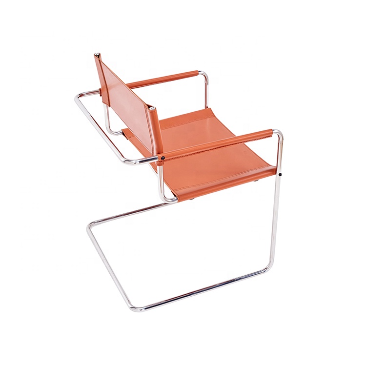 Bauhaus Modern Brown Saddle Leather Stainless Steel Metal Frame Dining Room Chair Restaurant Chair
