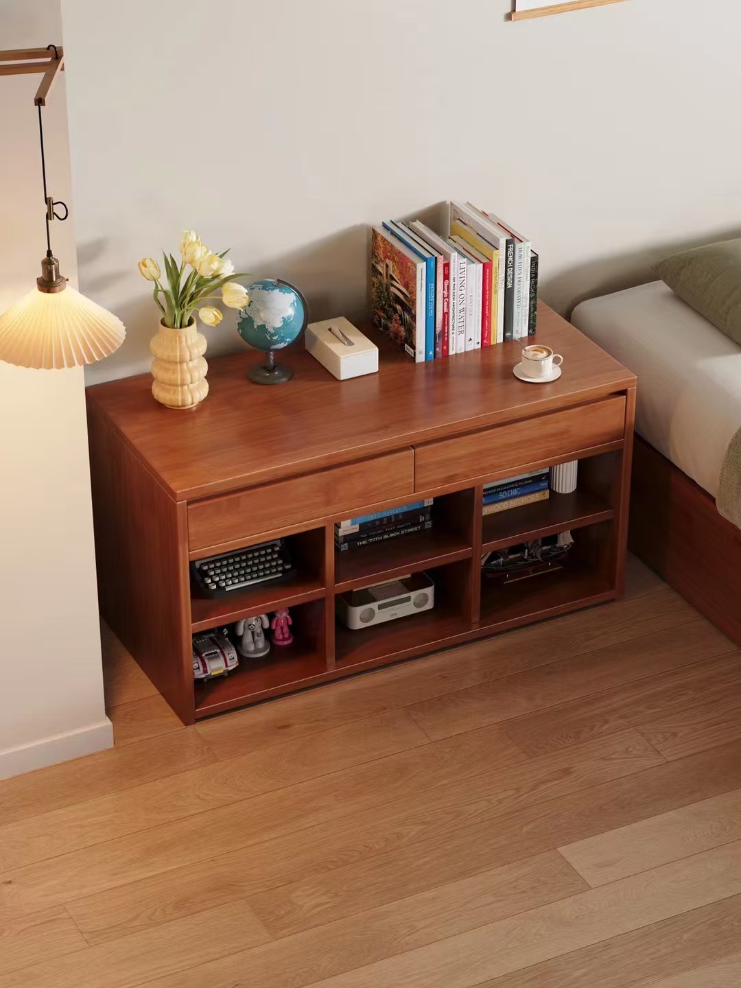 Solid Wood 2-Drawer &amp; 6-Cubby Storage Cabinet Mid-Century Modern Console Table for Living Room &amp; Bedroom Eco-Friendly