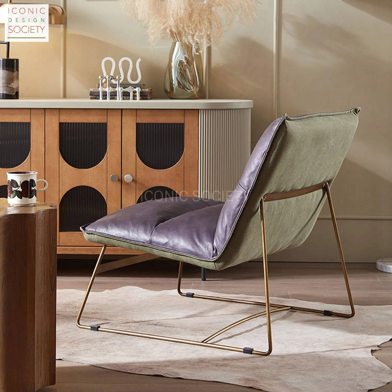 Modern Large Seat Leisure Chair Ottoman Home Patio Living Room Furniture Metal Frame Genuine Leather Accent Chair