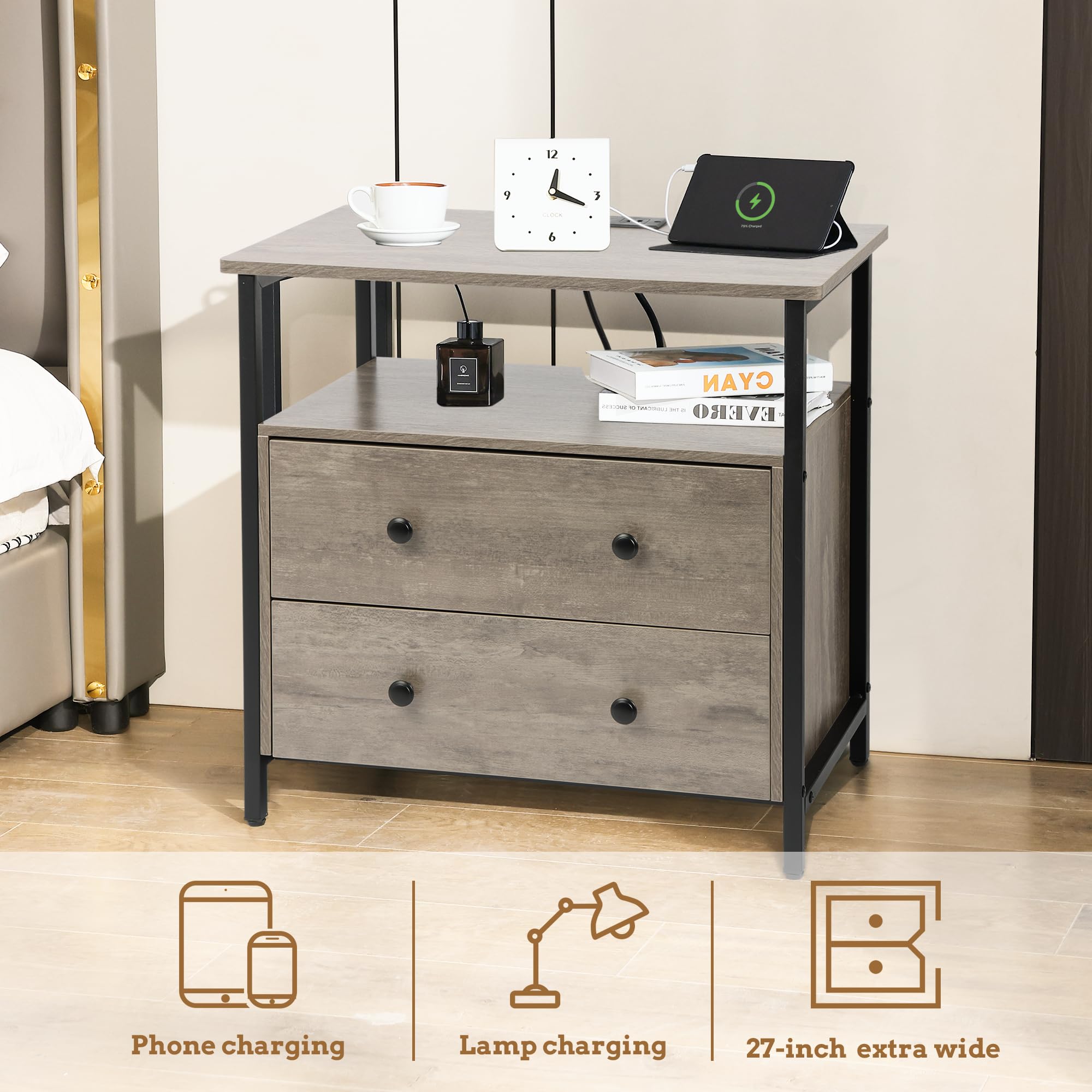 27 Inch Wide Nightstand with Charging Station Bedside Table with Open Shelf 2 Drawers Small Wood Dresser