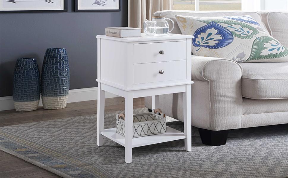 Modern Large White Nightstand with 2 Drawers Bed Side Tables for Bedroom Dining Room Wooden End Table for Living Room