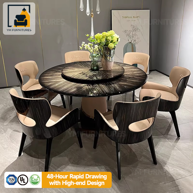 Dining Room Modern Furniture Round Wooden Lacquer Dining Table Set with Rotating Turntable