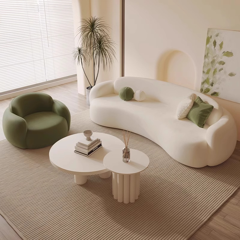 Elegant Cream Hued Cloth Arc Shaped Durable Sectional Sofa Minimalist Design Trending On Social Media For Modern Living Room