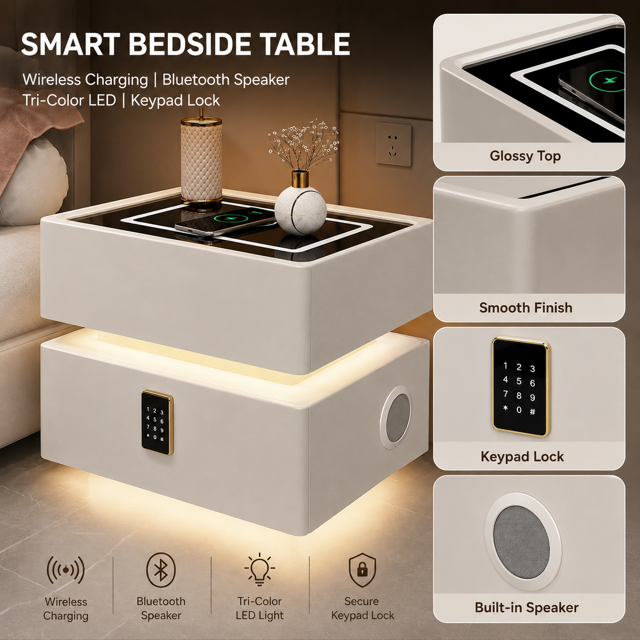 15W Wireless Charging Smart Nightstand Fingerprint Lock Bluetooth Speaker LED Bedside Table Dual Drawer Storage Bed Furniture