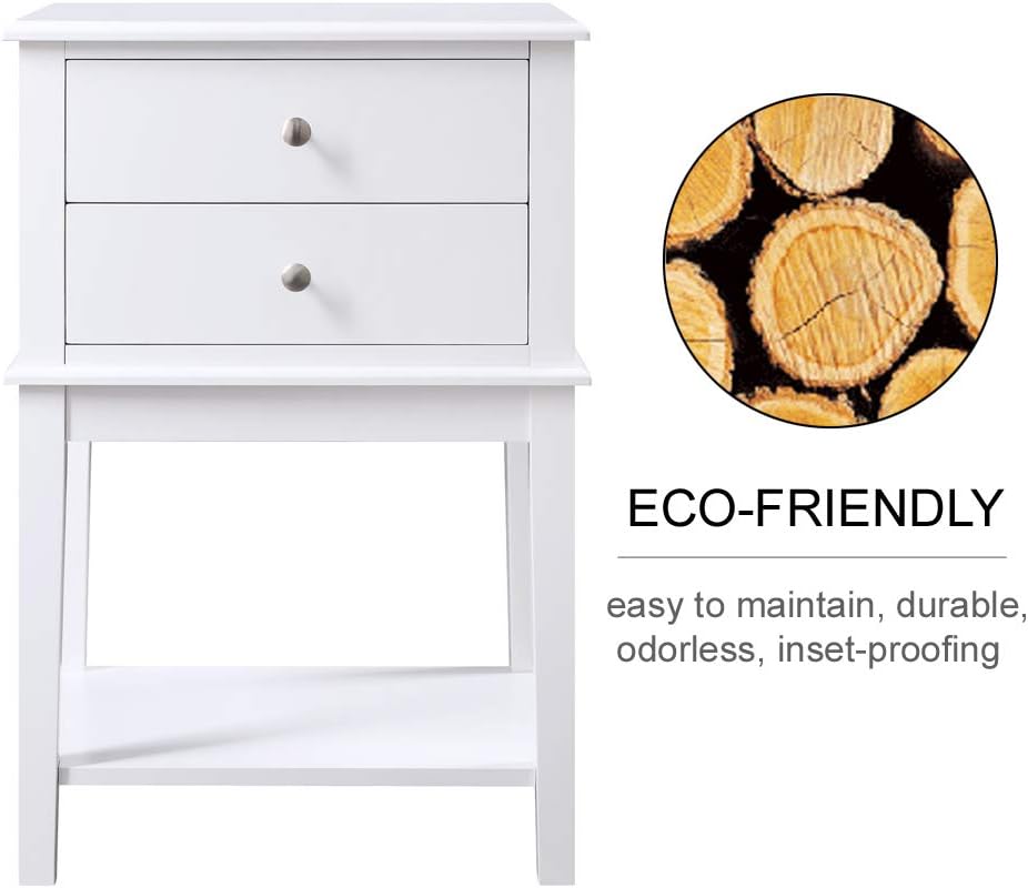 Modern Large White Nightstand with 2 Drawers Bed Side Tables for Bedroom Dining Room Wooden End Table for Living Room