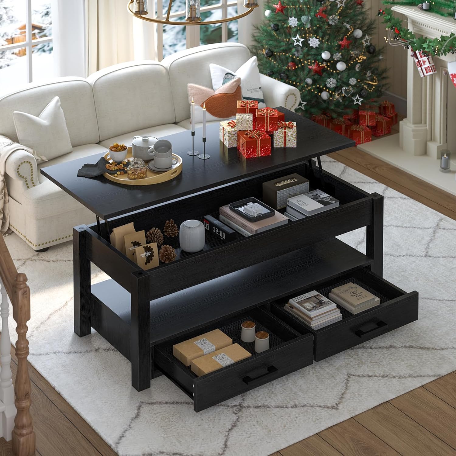 Lift Top Coffee Table with Storage Drawers Hidden Compartment, Center Table for Living Room, Coffee Desk Rising Tabletop