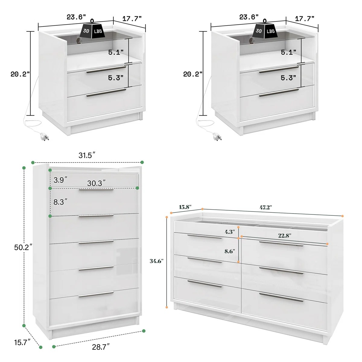 Factory Direct High Quality White 4 Piece High Gloss Dresser Chest and Nightstand Bedroom Set for Home Apartment Hotel