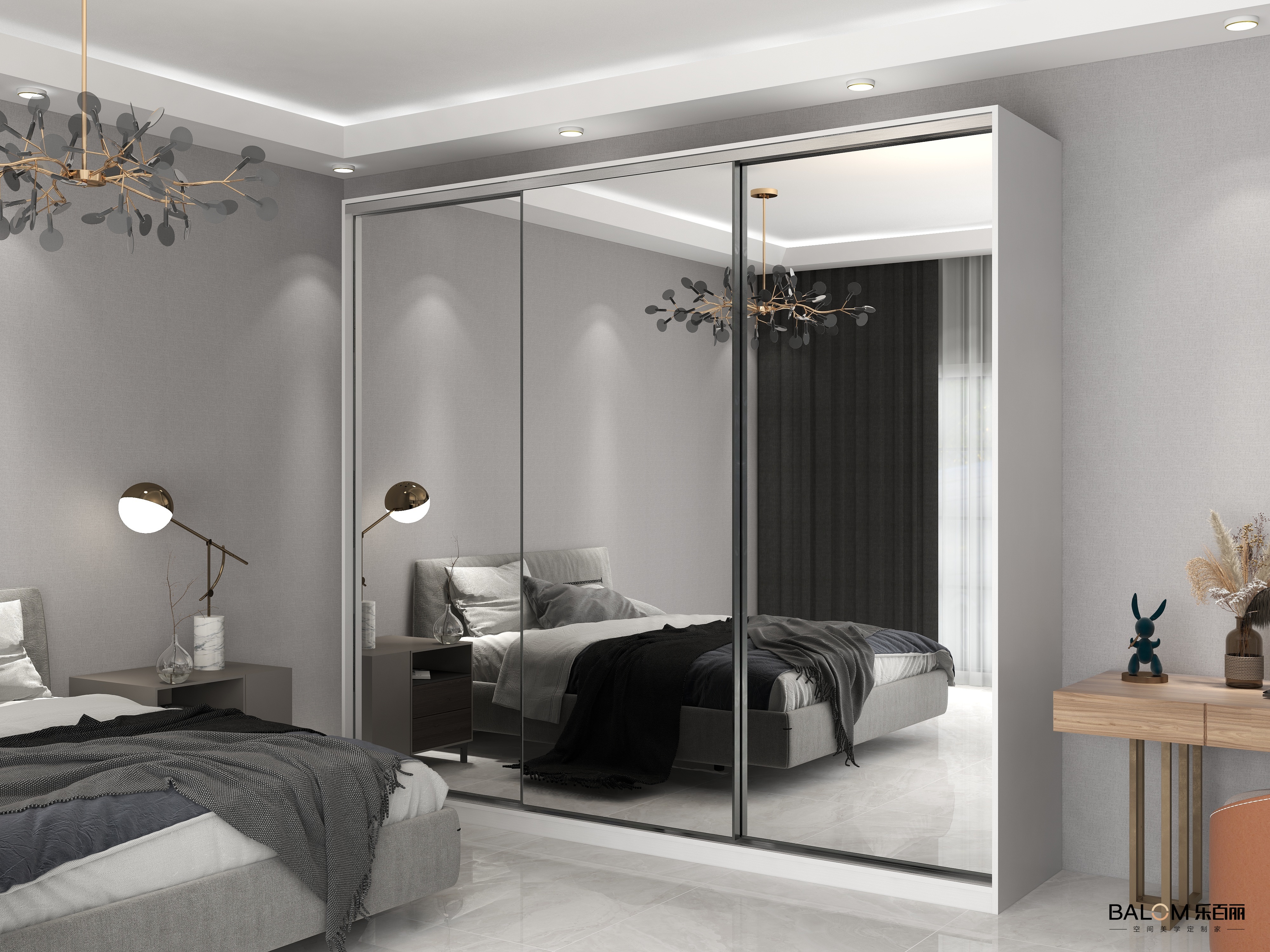 Balom Modern Sliding Door Wooden Wardrobe With Mirrored Panels Space-Saving Storage Solution For Bedrooms For Home Use