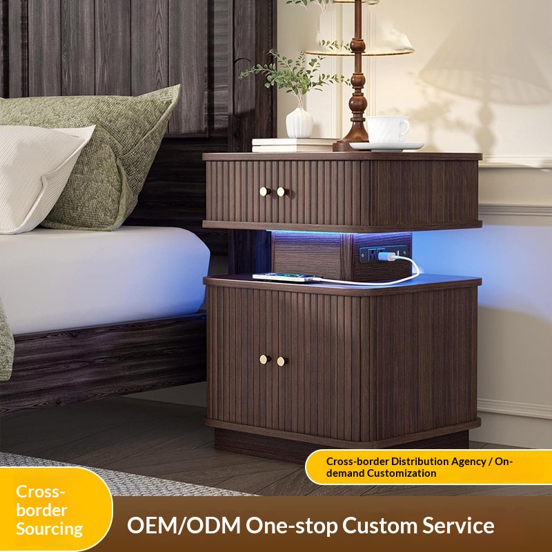 Modern American Style Stone Pattern Bedroom Bedside Cabinet Chain Doors Integrated LED Light Power Outlet Double-Layer Storage