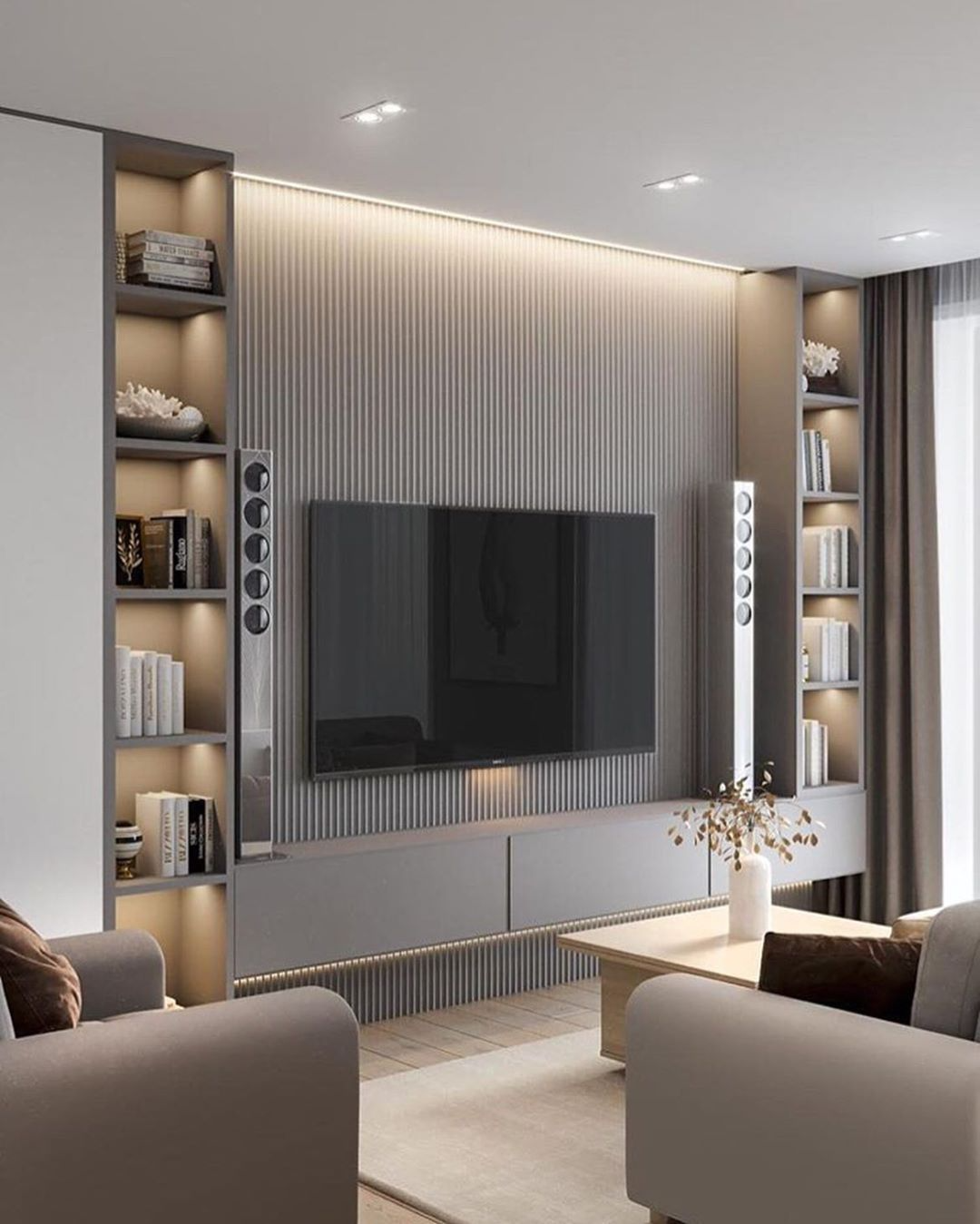 Customizable Solid Wood TV Wall Unit-Modular Large Capacity Storage Cabinet Set Modern Luxury Style LED Light Optional