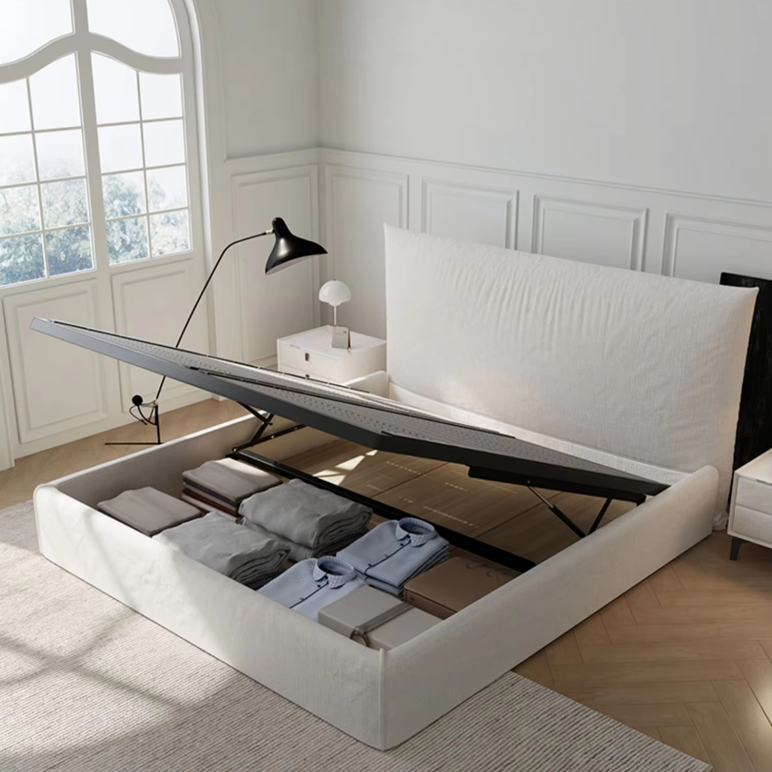 Modern Style Ice Cream Linen Nordic Fabric Double Bed Frame King or Queen Size Removable Washable Upholstered Bedroom Bed