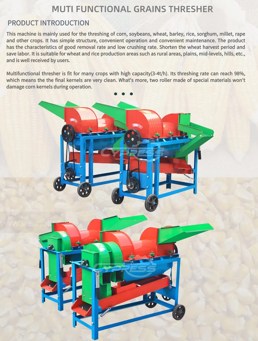 Máquina multifuncional de trilla de trigo, sorgo, soja, mijo