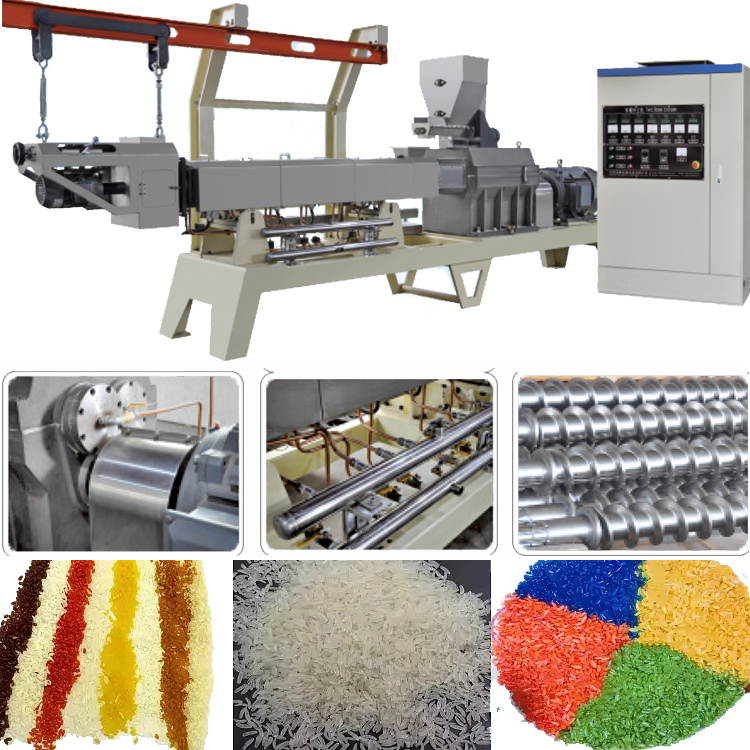 Configuración completa de procesamiento de arroz fortificado que incluye etapas de mezcla, extrusión, formación, secado y enfriamiento en una línea de producción integrada