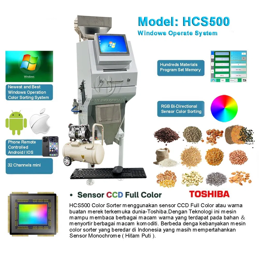 Hcs500 50-500kg/H Nueva máquina clasificadora de granos de frijol, arroz, trigo, nueces y café de plástico para sistemas inteligentes de Windows, maquinaria agrícola