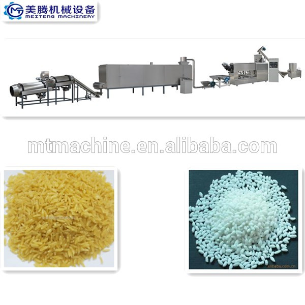 Configuración completa de procesamiento de arroz fortificado que incluye etapas de mezcla, extrusión, formación, secado y enfriamiento en una línea de producción integrada