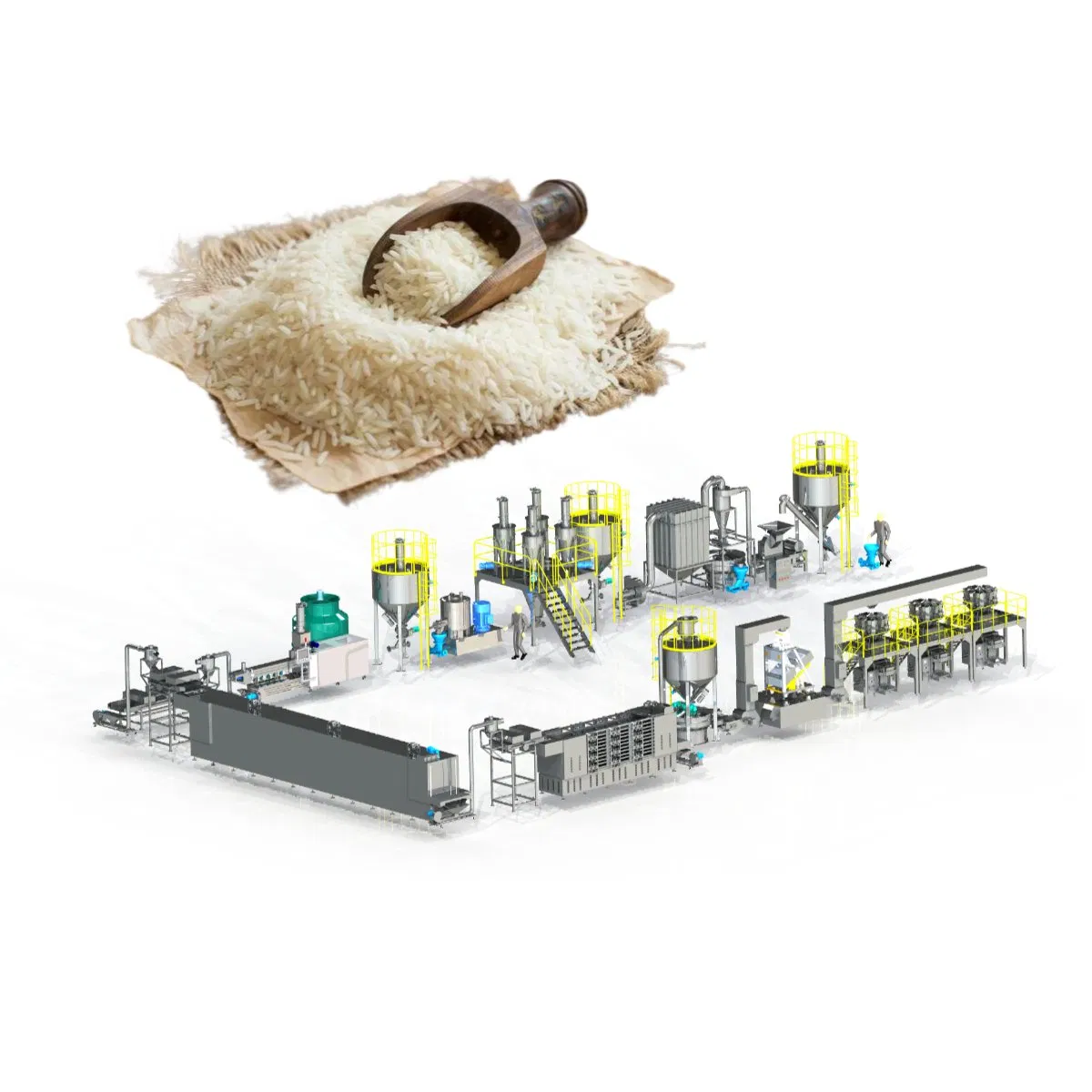 Configuración completa de procesamiento de arroz fortificado que incluye etapas de mezcla, extrusión, formación, secado y enfriamiento en una línea de producción integrada