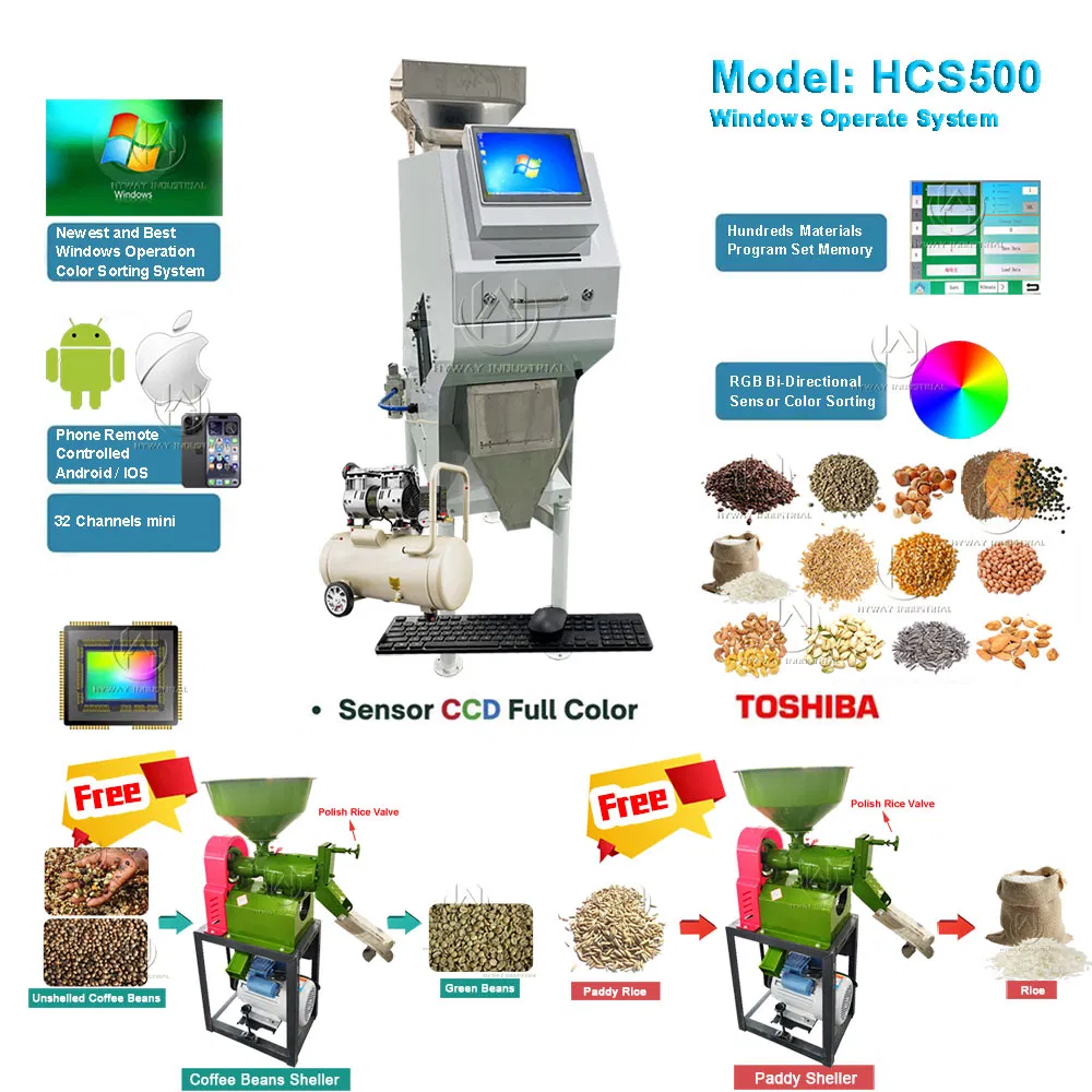 Hcs500 50-500kg/H Máquina clasificadora de granos de arroz inteligente de sistema Windows, clasificador de color de frijoles mungo, clasificador de color de trigo, nuez de plástico, cacao, granos de café