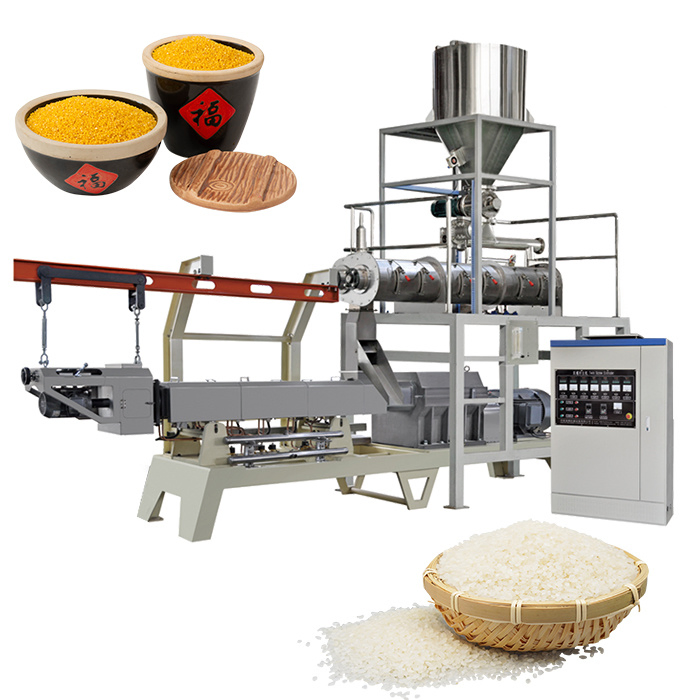 Configuración completa de procesamiento de arroz fortificado que incluye etapas de mezcla, extrusión, formación, secado y enfriamiento en una línea de producción integrada